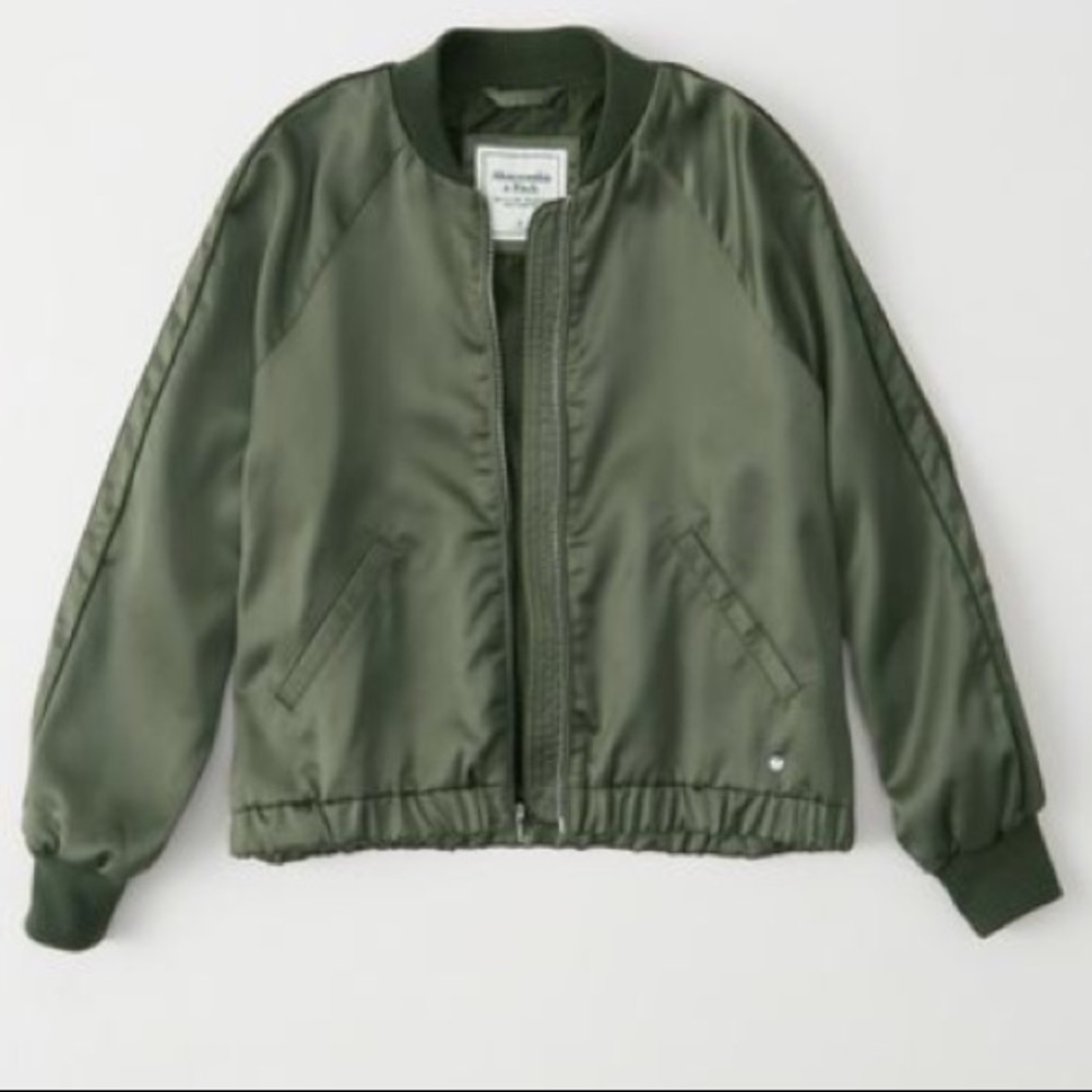 Green Satin Abercrombie and Fitch Bomber Jacket